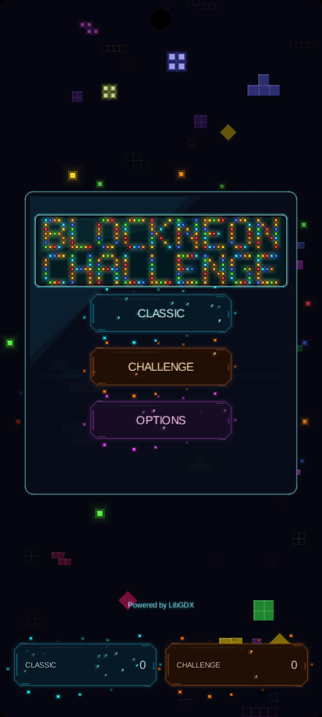 Tela de menu do BlockNeon Challenge, com título neon e botões Classic, Challenge e Options