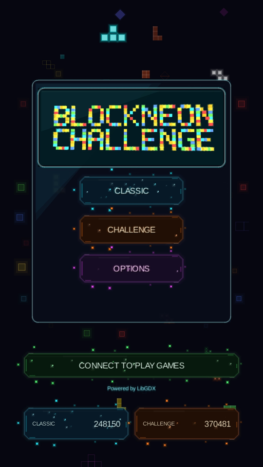 Tela de menu do BlockNeon Challenge mostrando as pontuações salvas de Classic e Challenge